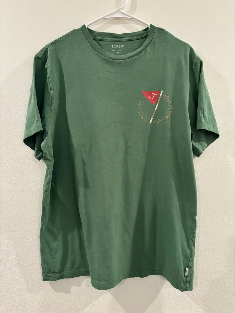 J. Crew Forest Green Short Sleeve Crewneck with Red Flag Graphic